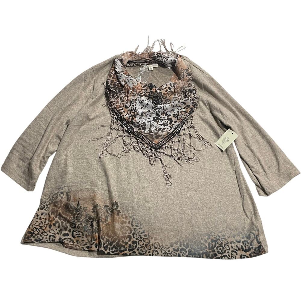 NWT Cactus & Pearl Sweater & Attached Scarf Jungle Animal Print Womens XXL Brown